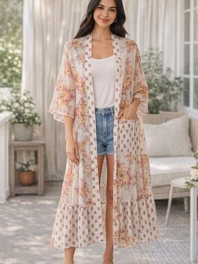 LC Lauren Conrad Cream Floral Printed Kimono Duster